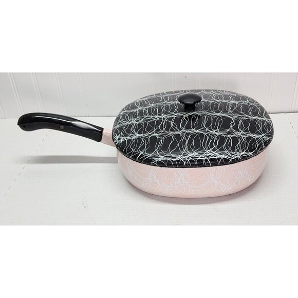 1950's Vintage Serendipity Spaghetti String Pink & Black Abstract Enamel Skillet - Picture 4 of 16